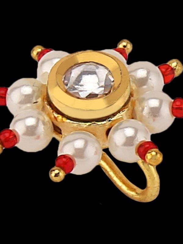 Micro Gold Polished Semi Precious Kundan & Pearls Nath/ Nose Pin/Nose Ring. N436ON - Image 3