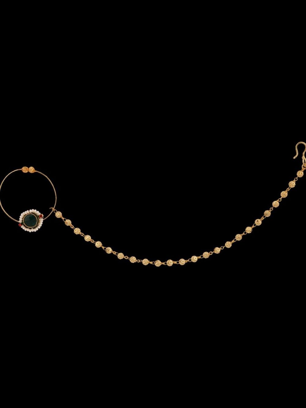Gold finish with emerald kundan and pearl nose ring - Image 3