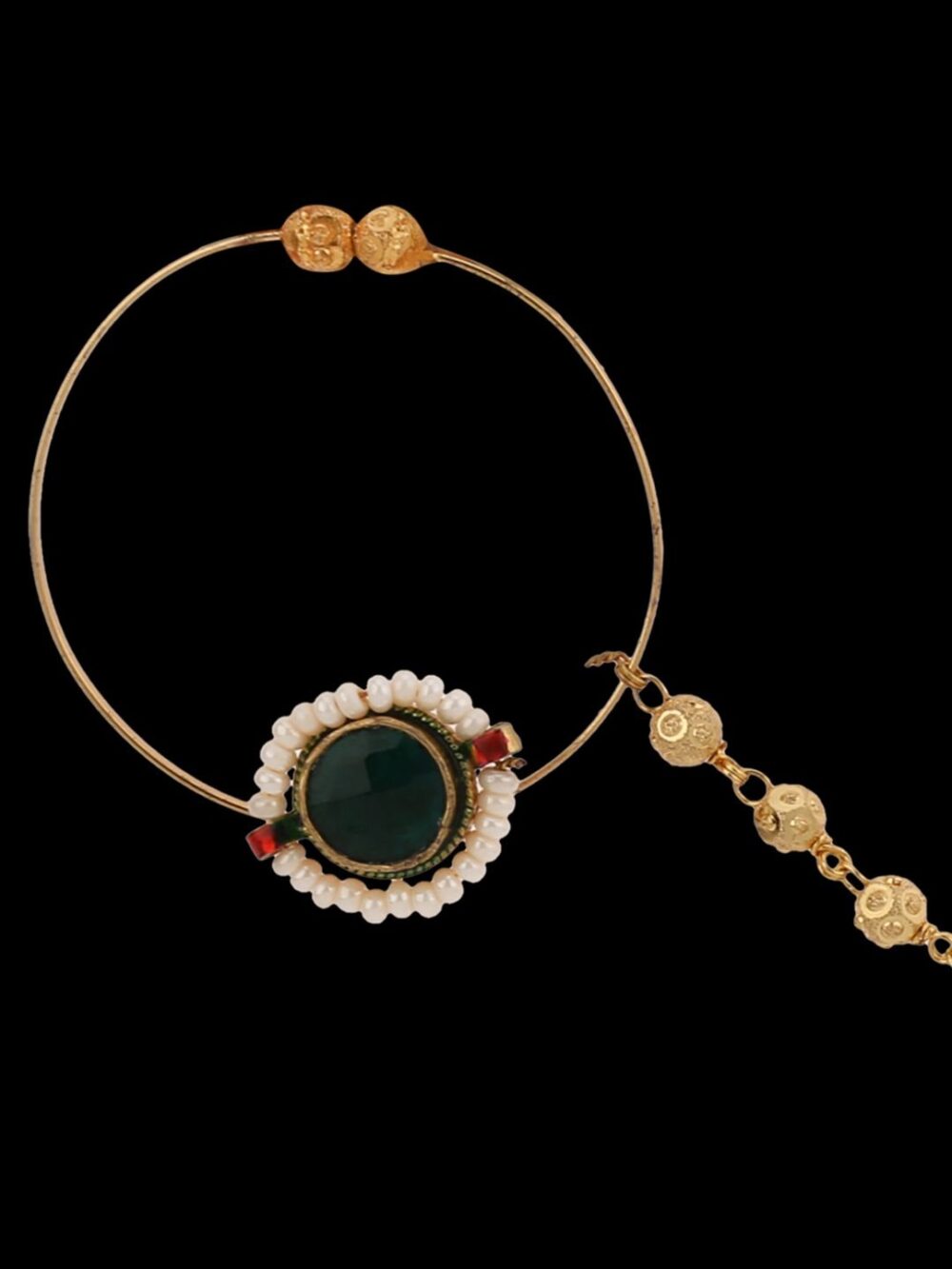 Gold finish with emerald kundan and pearl nose ring - Image 4