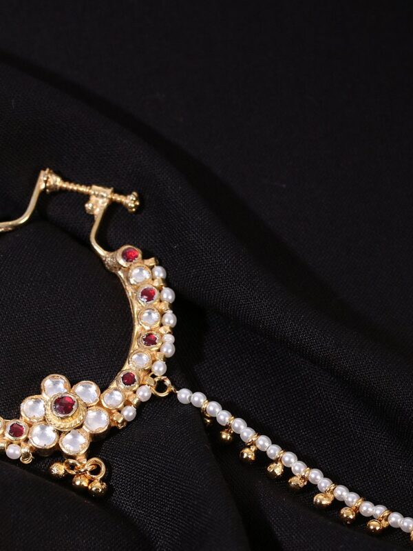 Gold finish with white and ruby kundan nose ring - Image 2