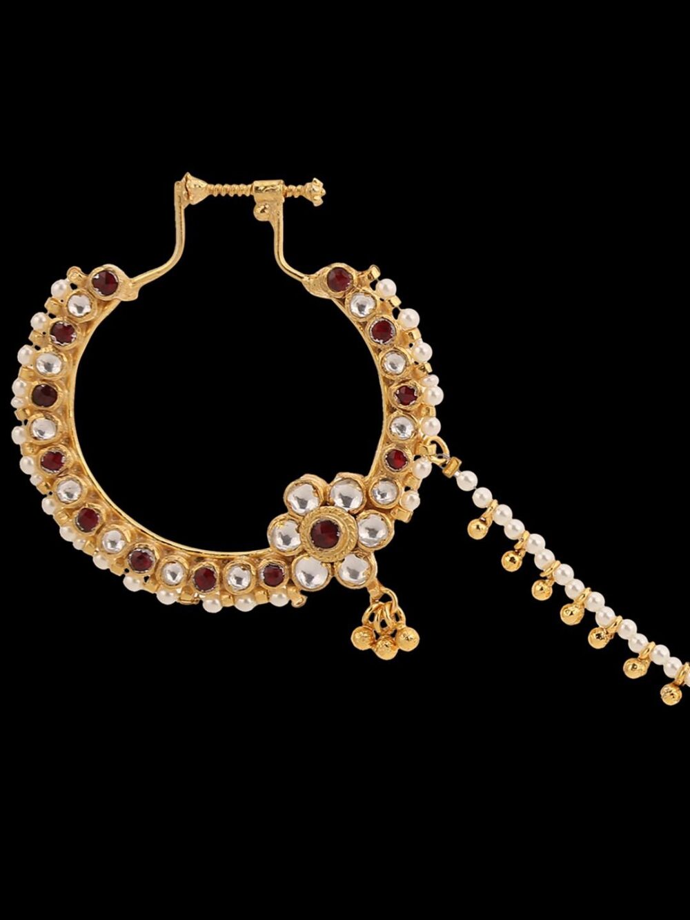 Gold finish with white and ruby kundan nose ring - Image 4