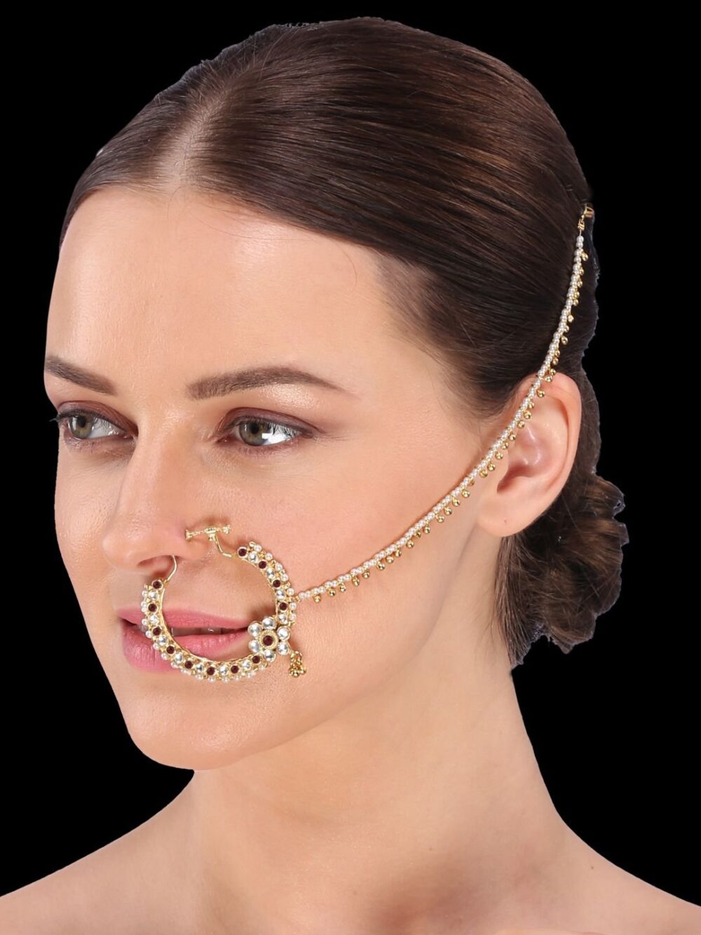 Gold finish with white and ruby kundan nose ring - Image 6