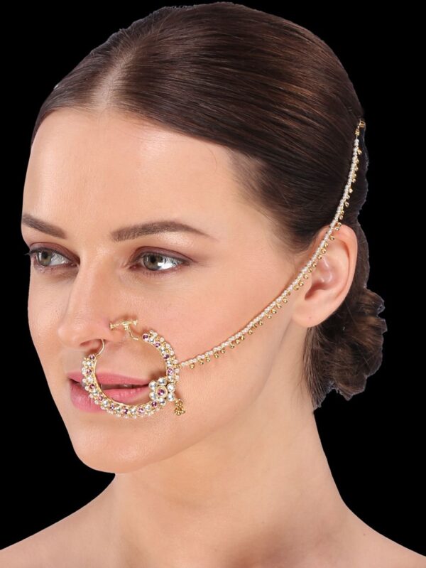 Gold finish with white and rhodolite kundan nose ring - Image 4