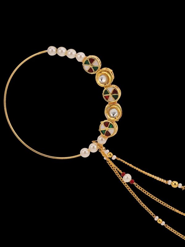 Gold finish with white polki and pearl nose ring - Image 4