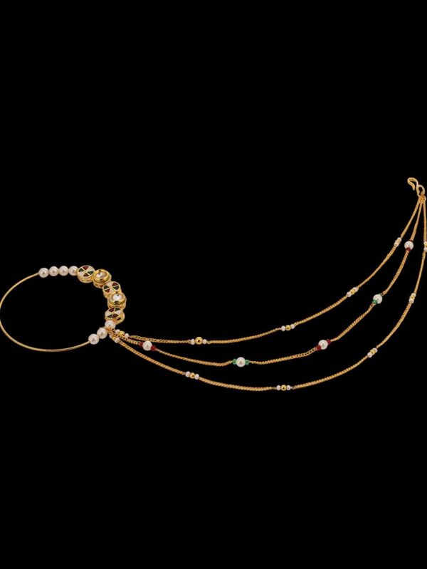 Gold finish with white polki and pearl nose ring - Image 5
