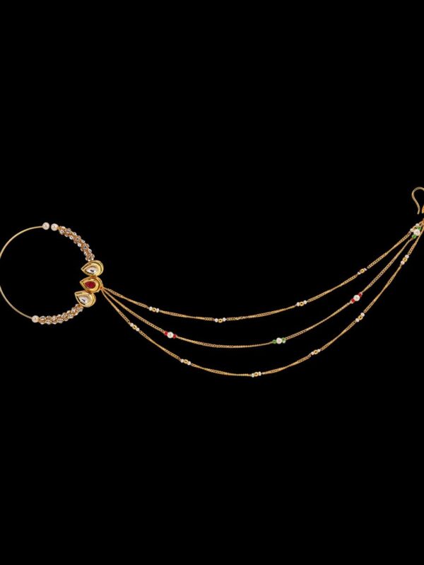 Gold finish with white and ruby polki and stone detail nose ring - Image 5