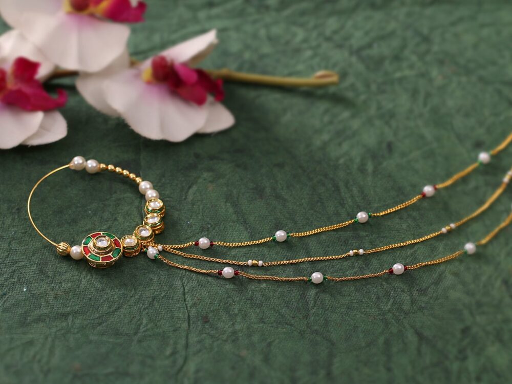 Gold finish with white polki and enamel work nose ring - Image 2