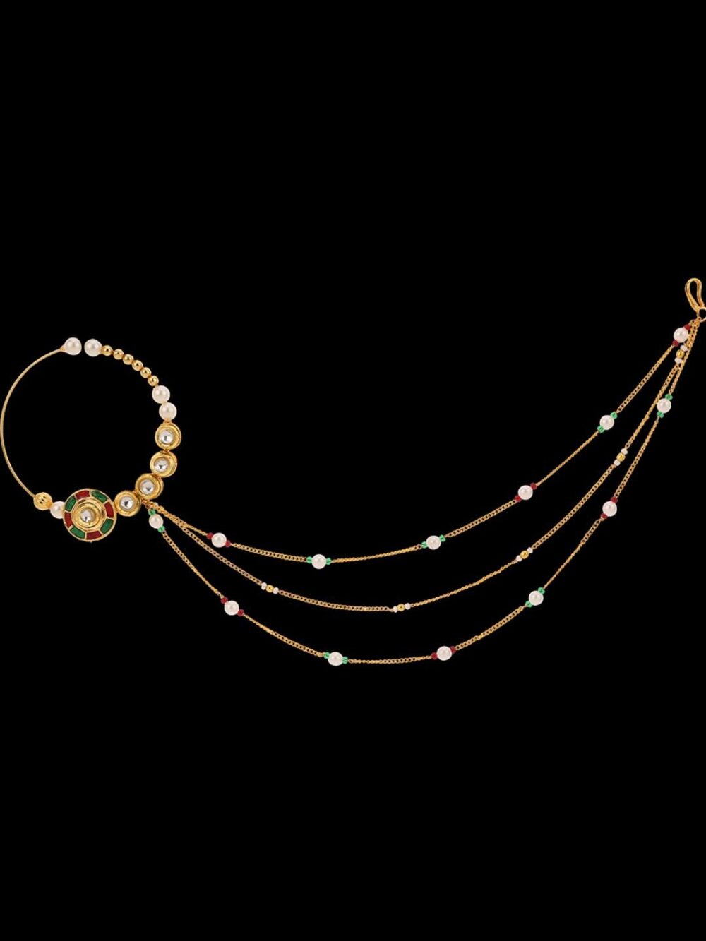 Gold finish with white polki and enamel work nose ring - Image 3