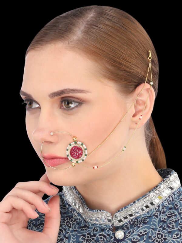 Micro Gold Polished Semi Precious Kundan & Pearls Nath/ Nose Pin/Nose Ring. N407ON