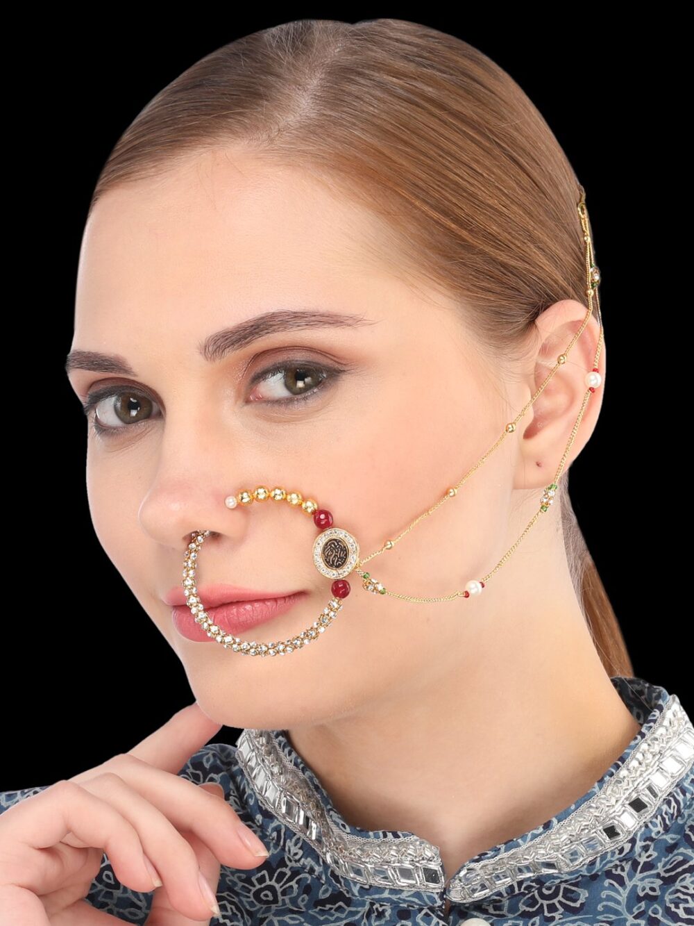 Micro Gold Polished Semi Precious Stones & Black Enamel Nath/ Nose Pin/Nose Ring. N408ON - Image 2