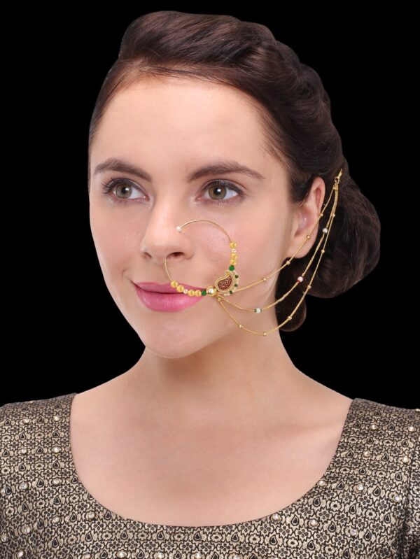 Micro Gold Polished Semi Precious Stones & Red Enamel Nath/ Nose Pin/Nose Ring. N409ON - Image 2