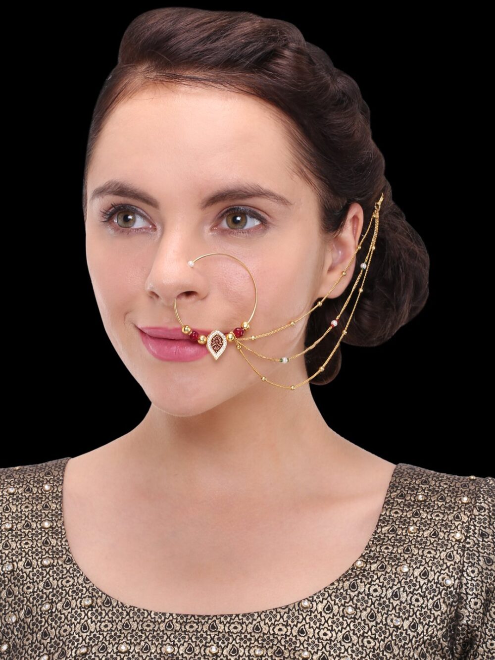 Micro Gold Polished Semi Precious Stones & Red Enamel Nath/ Nose Pin/Nose Ring. N410ON