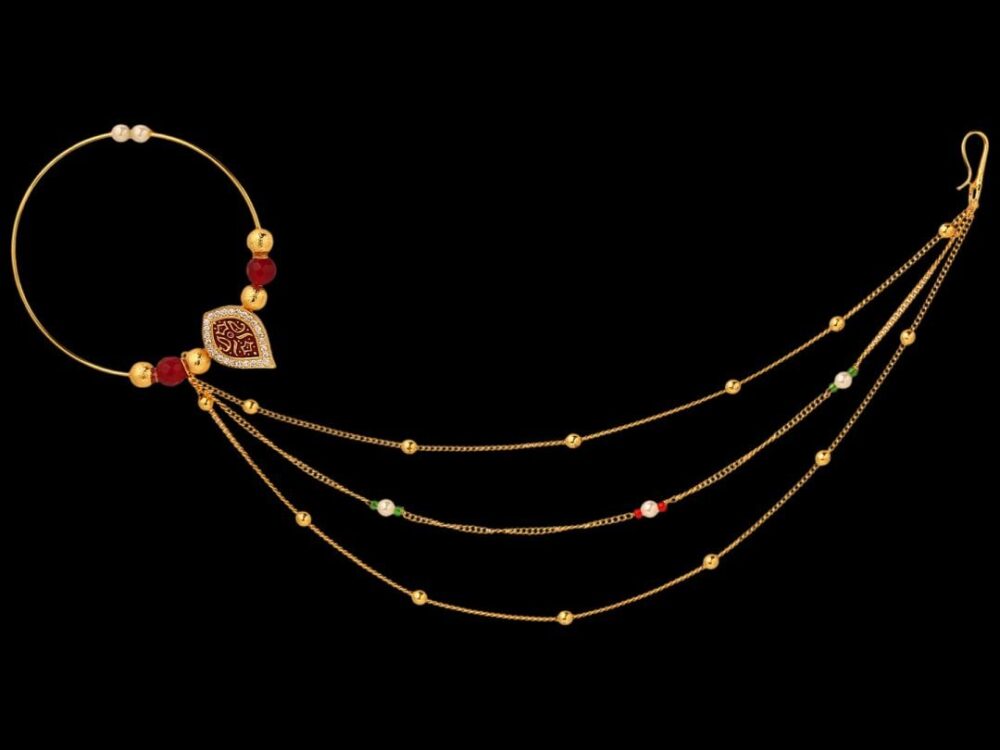 Micro Gold Polished Semi Precious Stones & Red Enamel Nath/ Nose Pin/Nose Ring. N410ON - Image 3