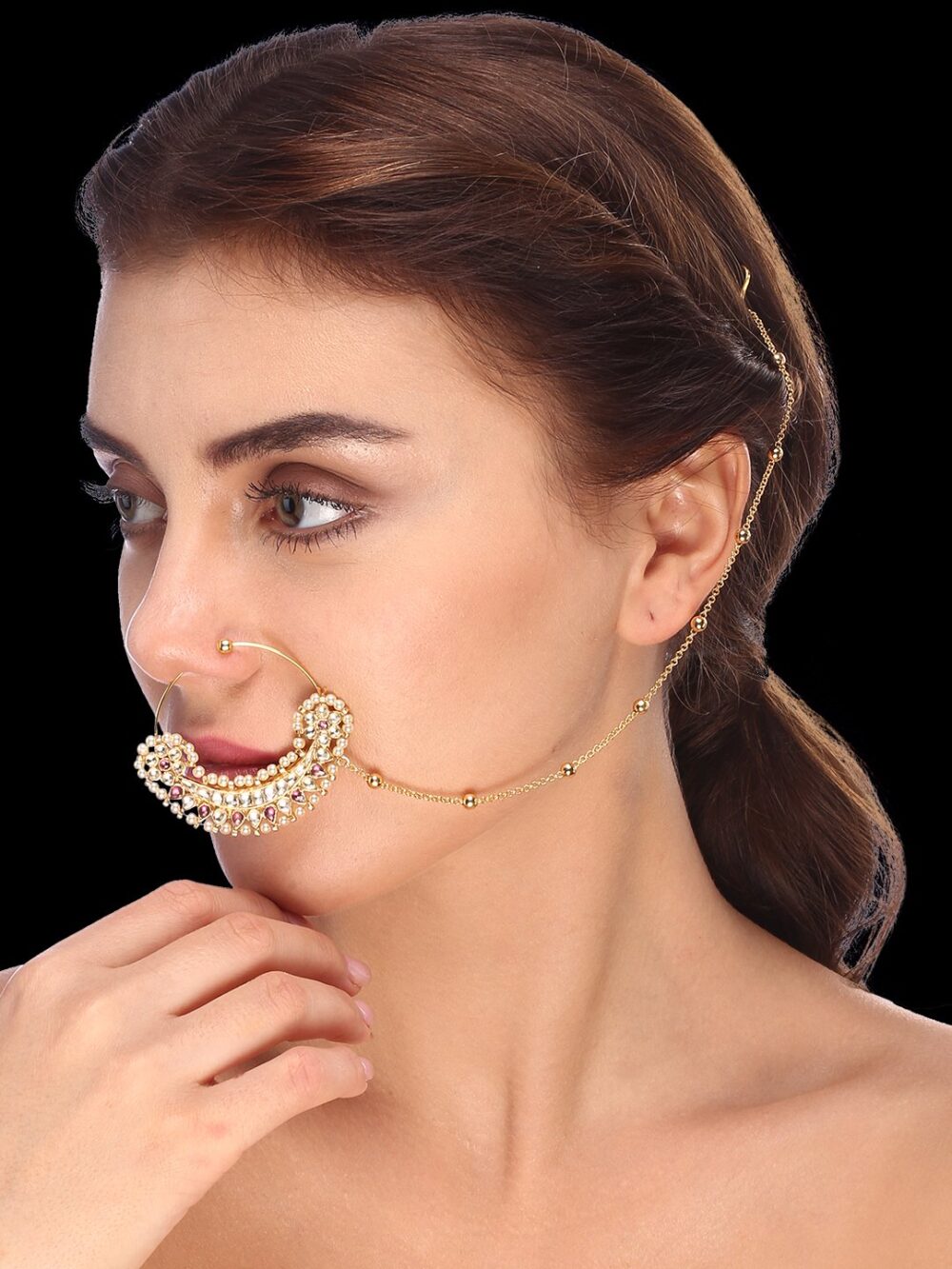 Micro Gold Polished Pearl & Semi Precious Kundan & Pearl Padmavati Nath/ Nose Pin/Nose Ring. N429A - Image 2
