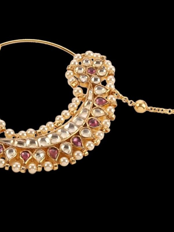 Micro Gold Polished Pearl & Semi Precious Kundan & Pearl Padmavati Nath/ Nose Pin/Nose Ring. N429A - Image 5