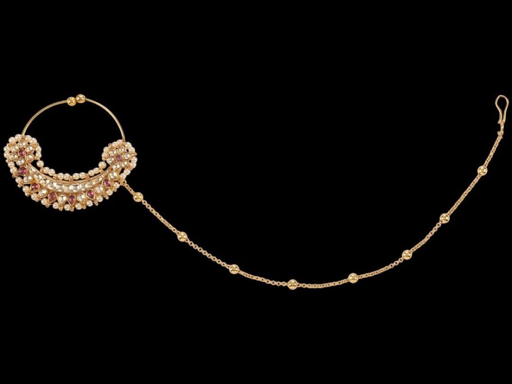 Micro Gold Polished Pearl & Semi Precious Kundan & Pearl Padmavati Nath/ Nose Pin/Nose Ring. N429A - Image 7