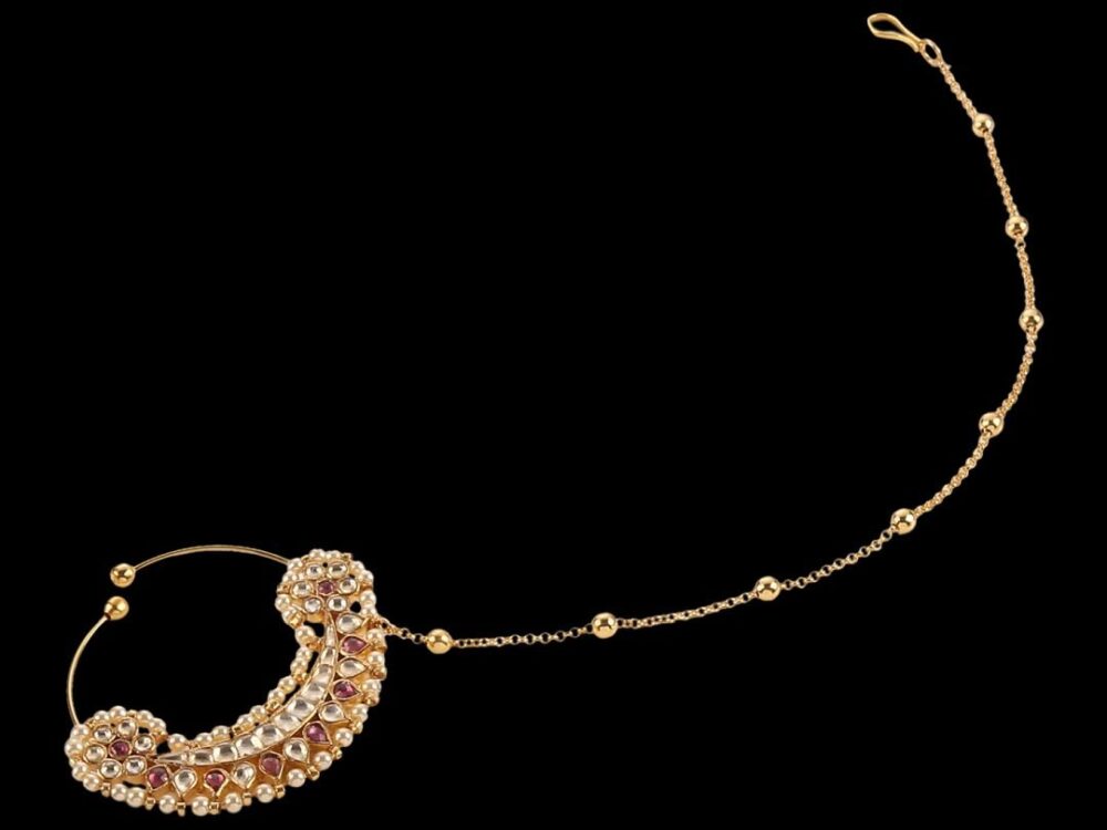 Micro Gold Polished Pearl & Semi Precious Kundan & Pearl Padmavati Nath/ Nose Pin/Nose Ring. N429A - Image 8