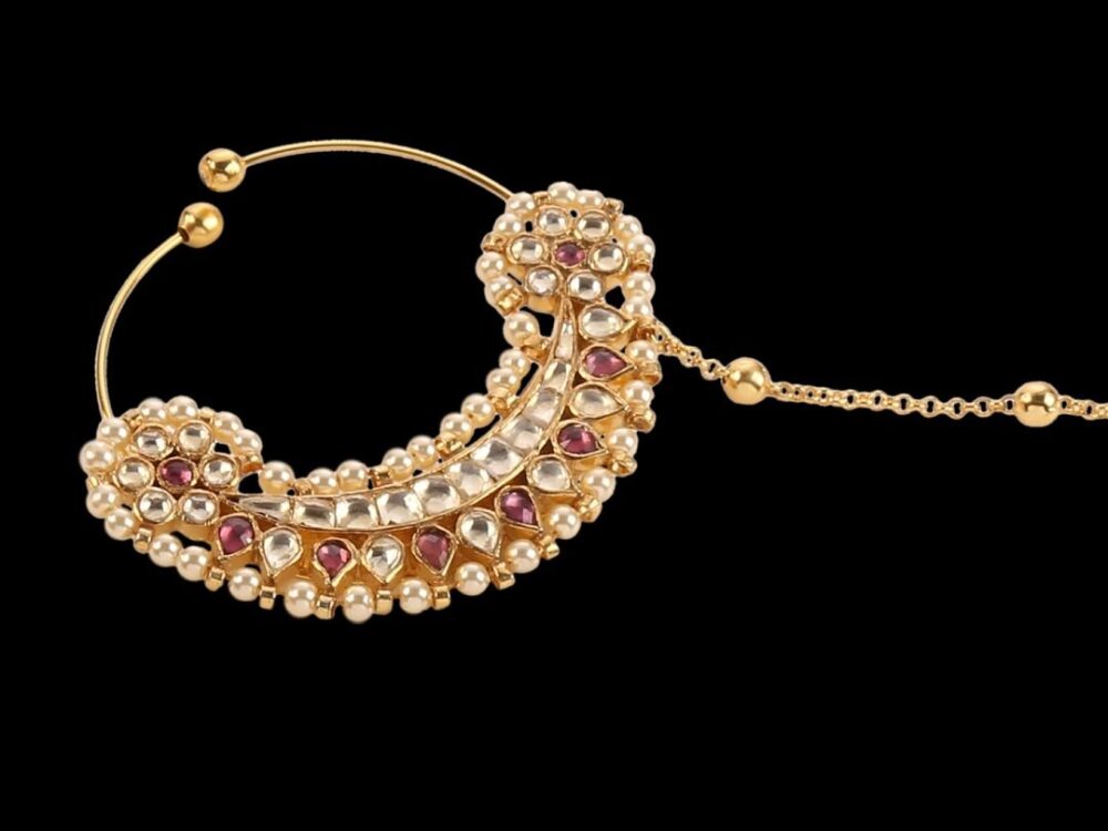 Micro Gold Polished Pearl & Semi Precious Kundan & Pearl Padmavati Nath/ Nose Pin/Nose Ring. N429A - Image 9