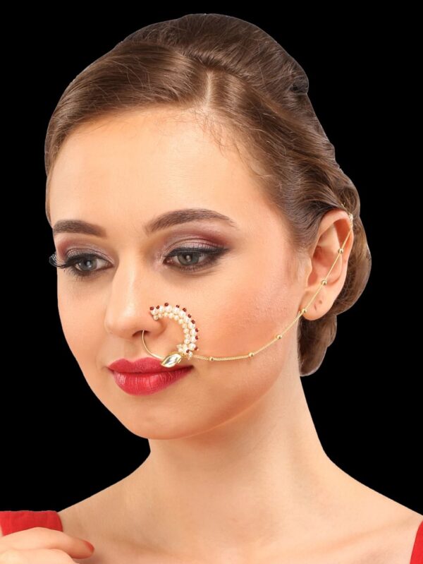 Micro Gold Polished Semi Precious Kundan/Polki & Pearl Nath/ Nose Pin/Nose Ring. N387AON - Image 2