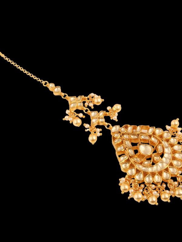 White Small Moti Green Stone Kundan/ Damini Tikka - Image 6