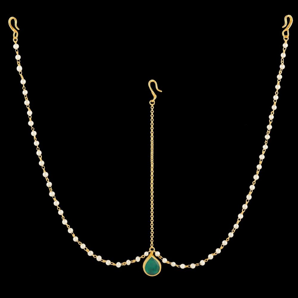 Simple Elegant Two Chain Green Stone Tikka/ Maang Tikka/ Head Chain - Image 3