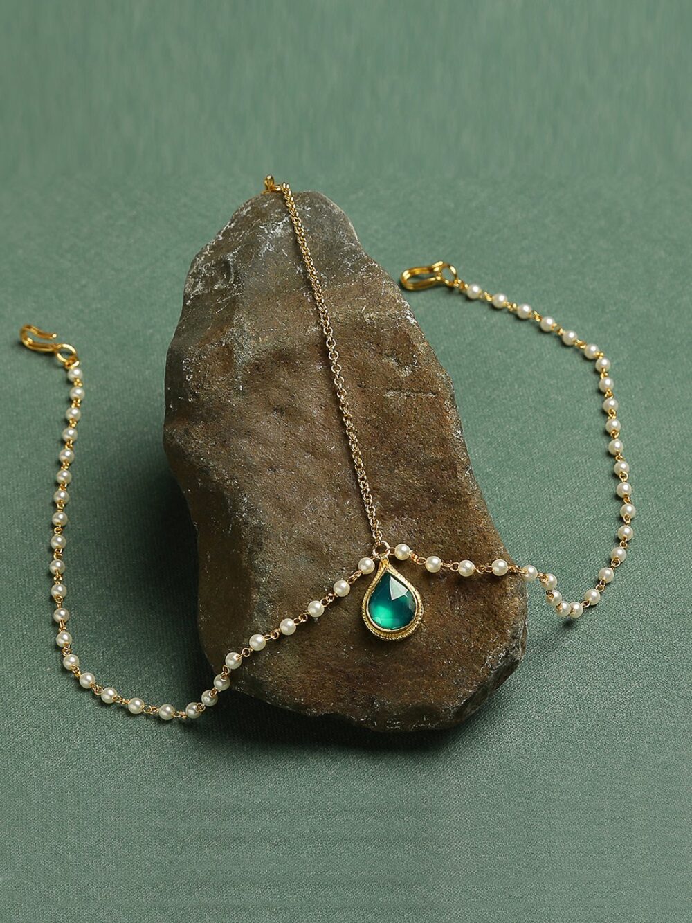 Simple Elegant Two Chain Green Stone Tikka/ Maang Tikka/ Head Chain - Image 6