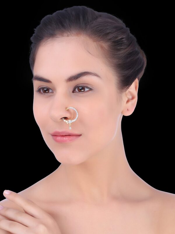 Micro Gold Polished Semi Precious Kundan & Pearls Nath/ Nose Pin/Nose Ring. - Image 2