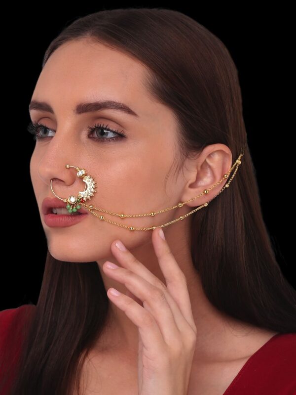 Micro Gold Polished Semi Precious Kundan & Pearls Nath/ Nose Pin/Nose Ring.