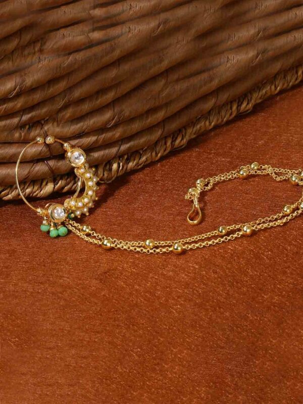 Micro Gold Polished Semi Precious Kundan & Pearls Nath/ Nose Pin/Nose Ring. - Image 5