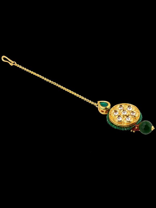 Small Round Shape Green Stone Maang Tikka/ Head Chain - Image 4