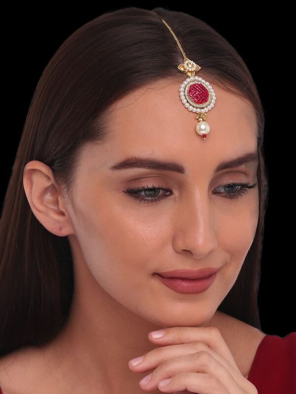 Ruby Red Colour Mini Maang Tikka/ Head Chain/ Polki