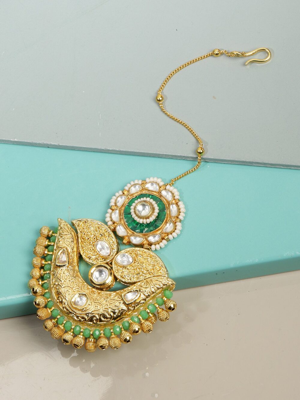 Exquisite Pastle Green Kundan Maang Tikka/ Head Chain - Image 4