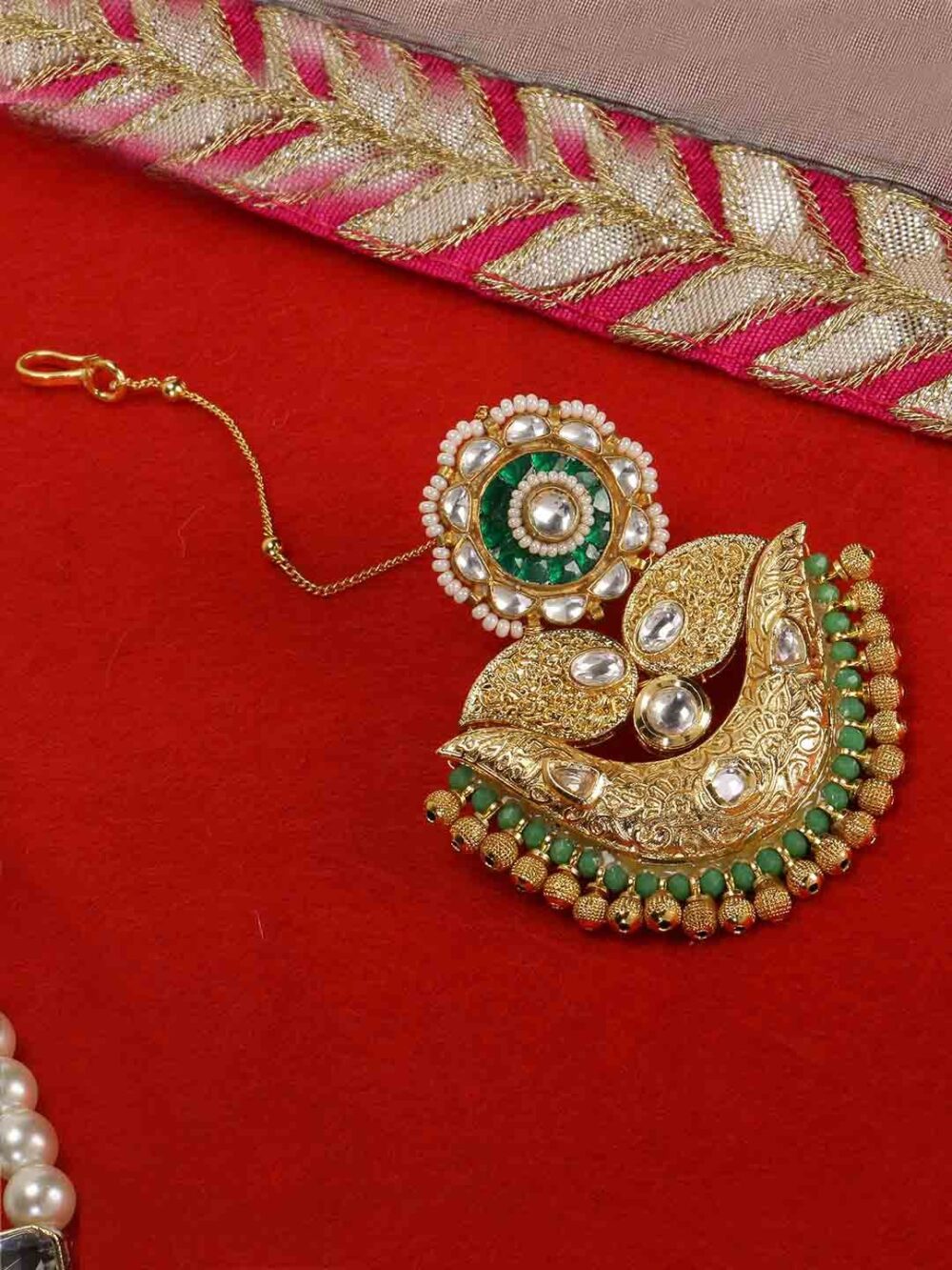 Exquisite Pastle Green Kundan Maang Tikka/ Head Chain - Image 5