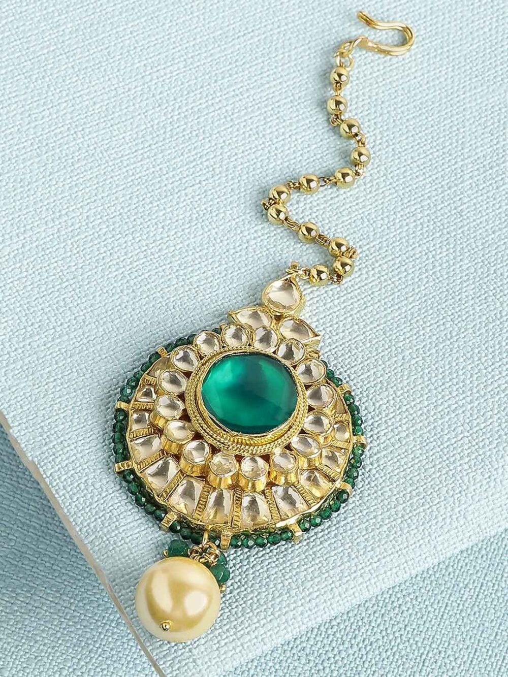 Elegant Green Beads Gold Finished Mini Tikka/ Head Chain/ Maang Tikka