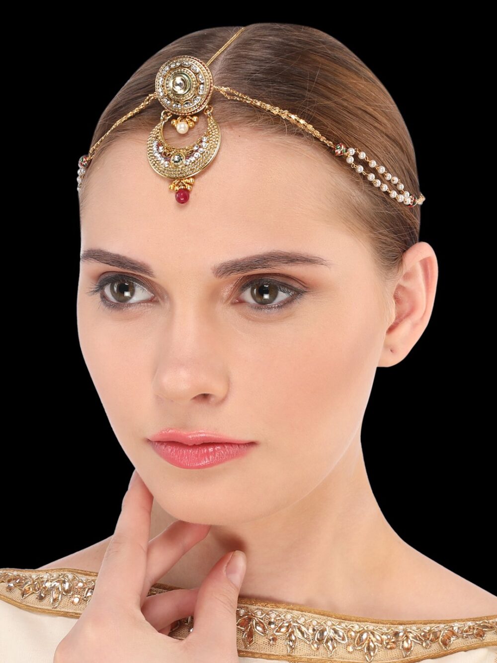 Modern Gorgeous Borla with Kundan Stone and Red Bead Hanging Tikka