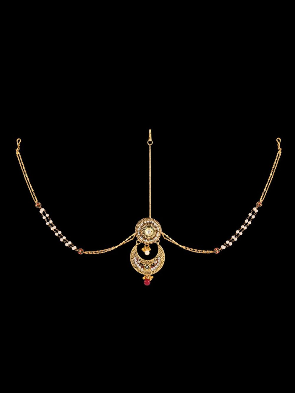 Modern Gorgeous Borla with Kundan Stone and Red Bead Hanging Tikka - Image 3