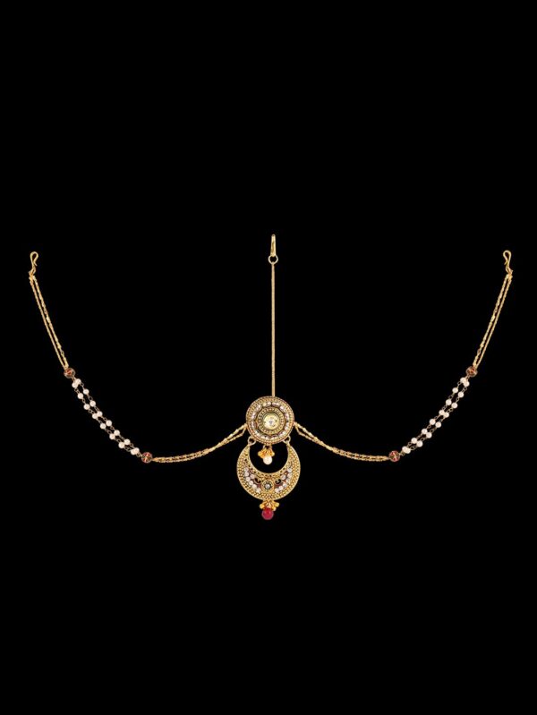 Modern Gorgeous Borla with Kundan Stone and Red Bead Hanging Tikka - Image 3