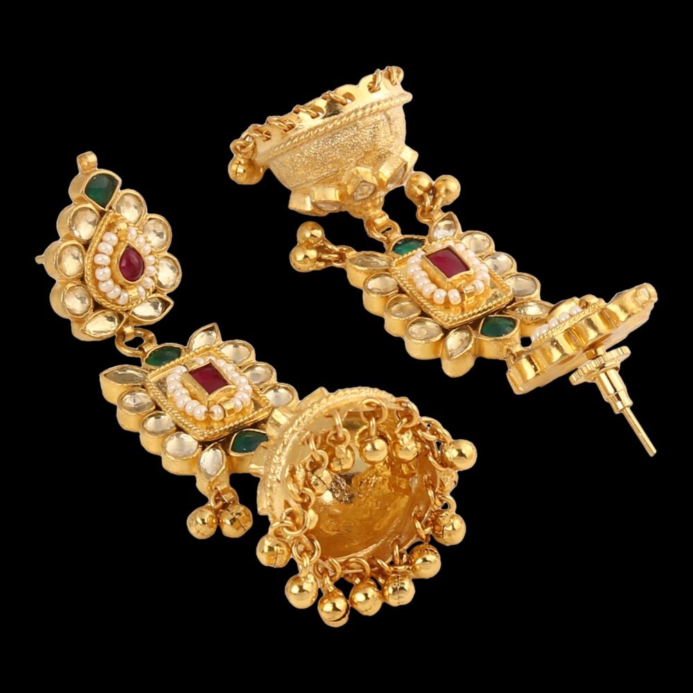 Resplendent Ruby and Emerald Jhumkis with Cascading Gold Beads - Image 4