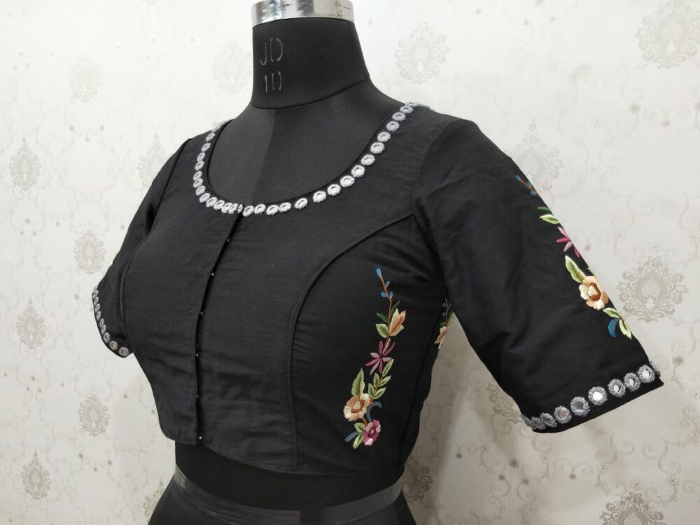 Black Embroidered Cotton Silk Blouse - Image 2