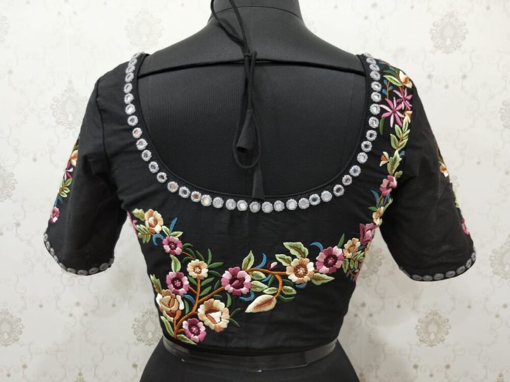 Black Embroidered Cotton Silk Blouse - Image 5