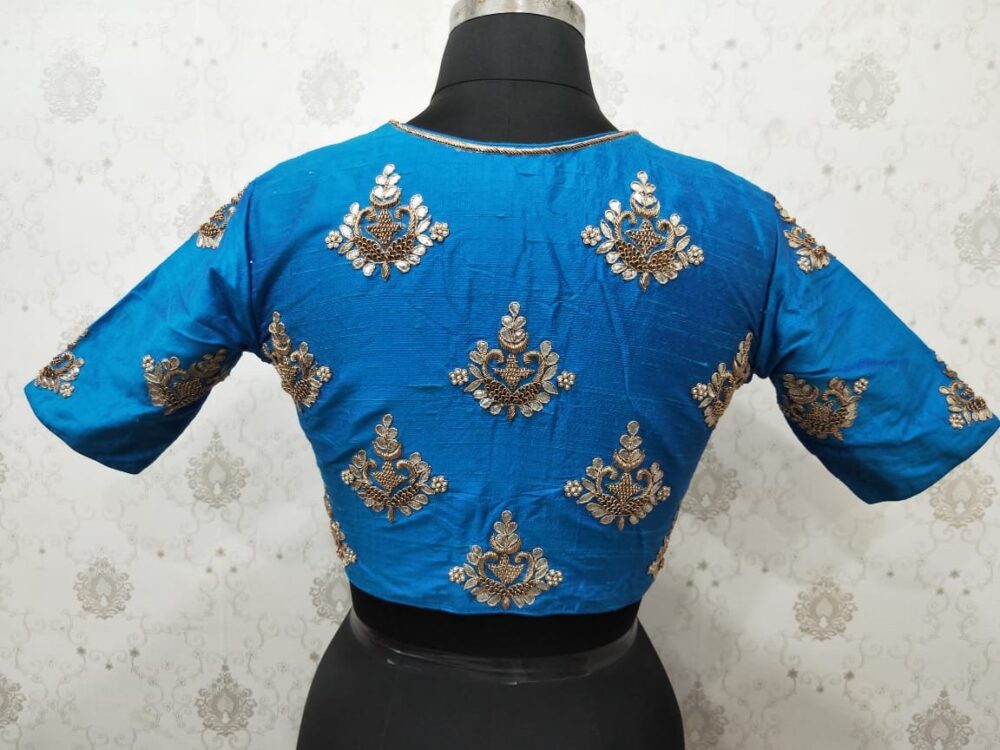 Cerulean Blue Blouse with Gotta Patti Hand Embroidery - Image 2