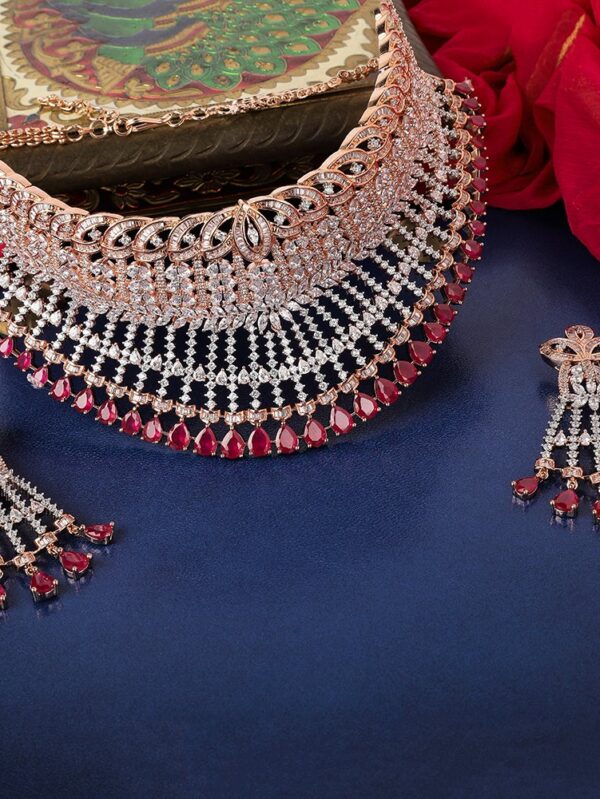 Vintage Rose Romance: Rose Gold Plated Choker Set with Ruby Red Cubic Zirconia (Brass - Image 7