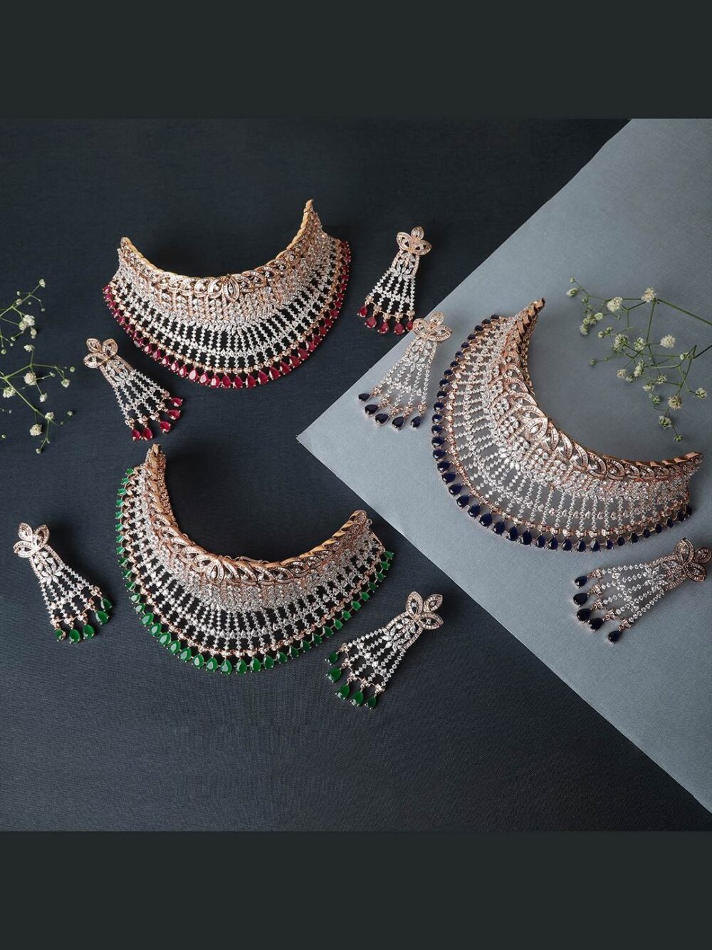 Enchanted Garden Rose Gold Plated Necklace and Earring Set with Emerald Green Cubic Zirconia (Brass Material, Big Choker)