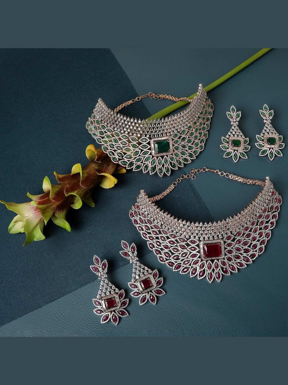 Elegant Rose Gold Plated Necklace and Earring Set with Ruby Red Cubic Zirconia (Brass Material, Big Choker) - Image 2