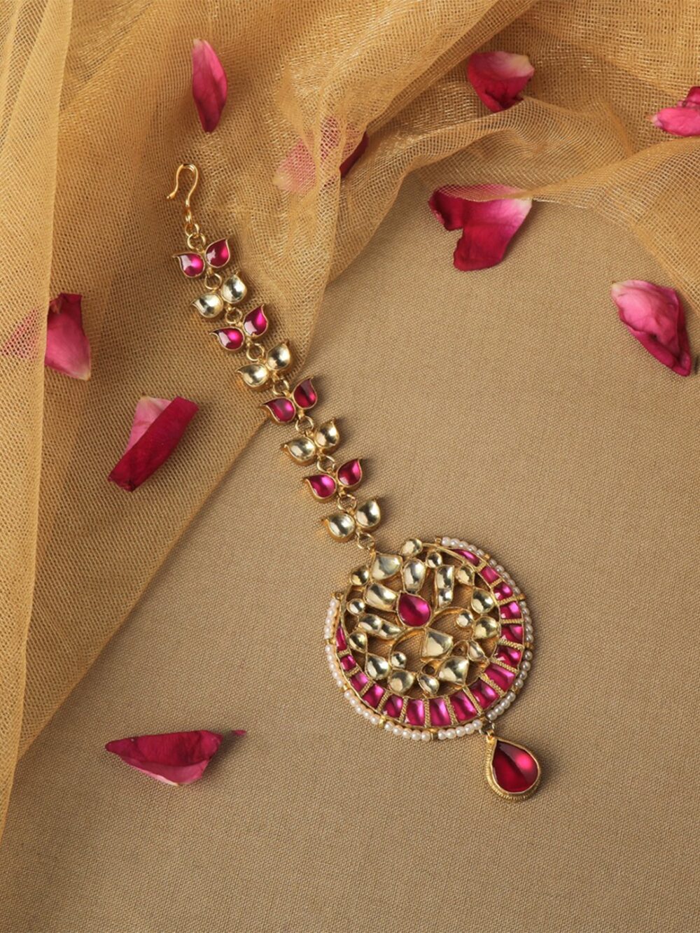 Ruby Pink Traditional Kundan Maang Tikka