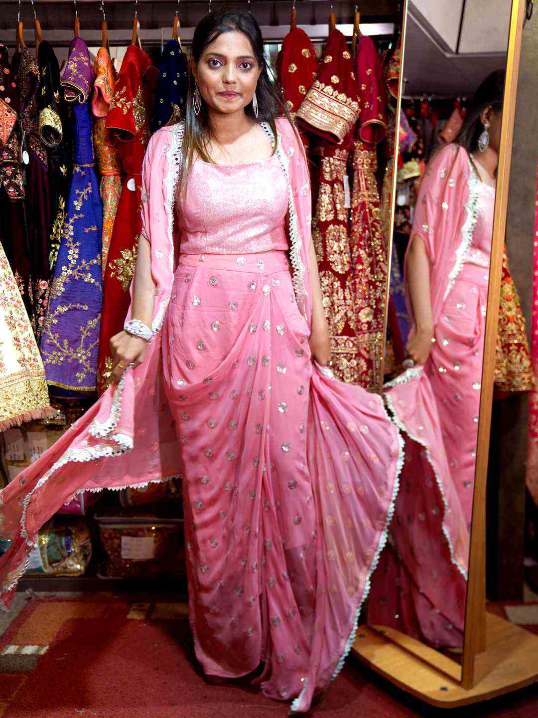 Rose Pink Dhoti Style Draped Indo-Western Outfit With Shrug
