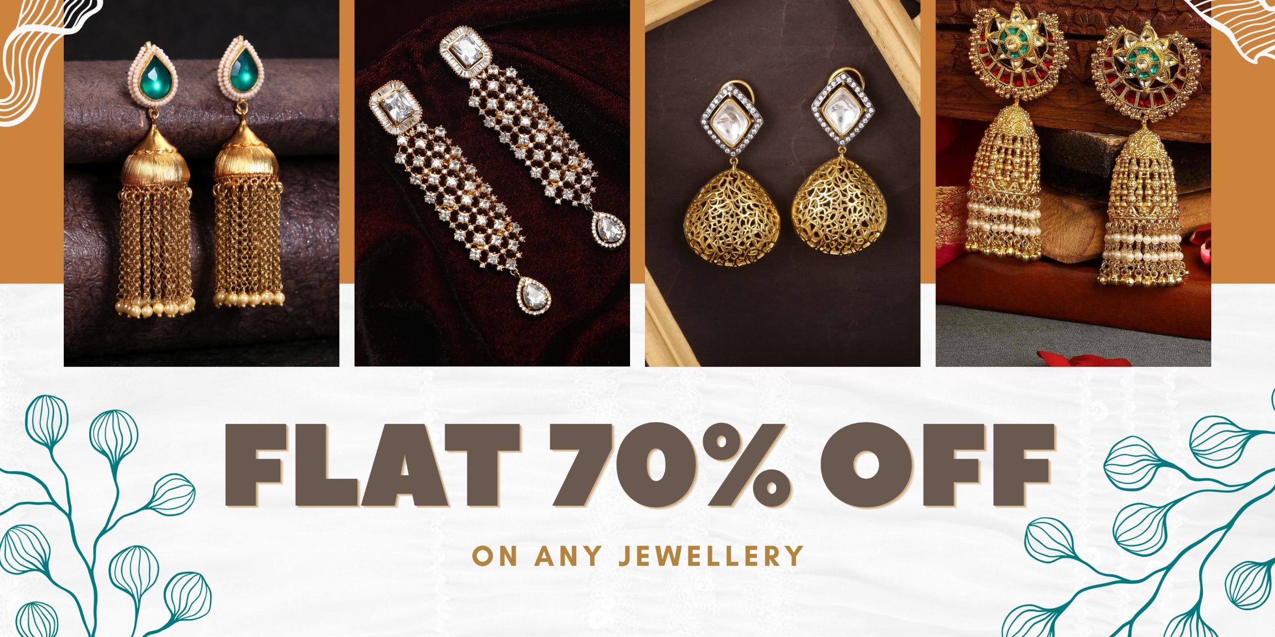 Collage of four gold and gemstone earrings on textured backgrounds with a 'FLAT 70% OFF' sale banner in the background.